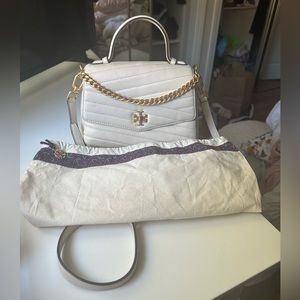 Tory Burch. Kira Chevron Top-Handle Satchel. In new cream/ rolled brass.